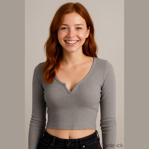 Aritzia TNA Women's Size S Gray Waffle Scoopneck Notch Longsleeve Cropped Shirt